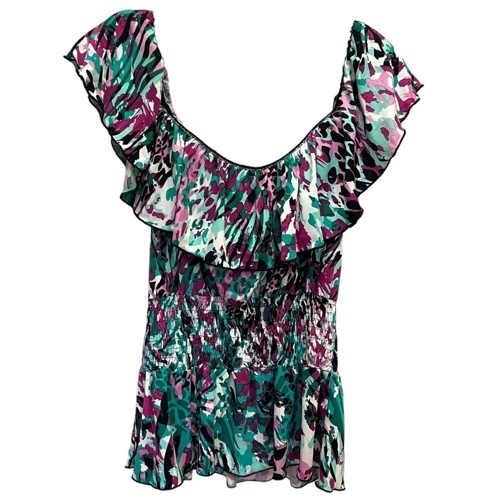 SUSIE ROSE Ruffle Off Shoulder Peasant Top Green Purple White, Size Large 11-13